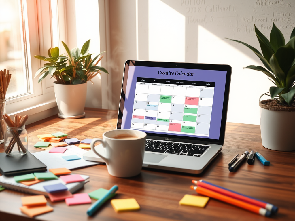 A cozy workspace with "a laptop displaying a creative content calendar," "a cup of coffee steaming," "colorful sticky notes and pens scattered," "soft morning light streaming through a window."