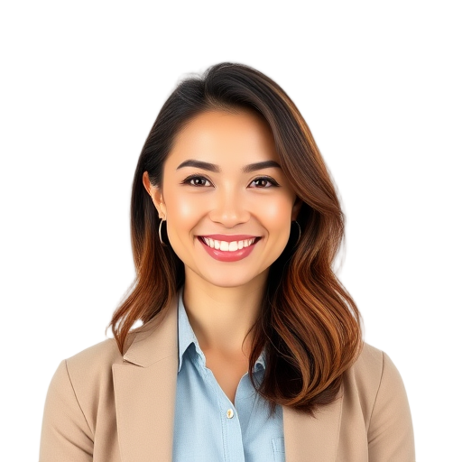 A confident woman smiling to the camera with a white background looking like