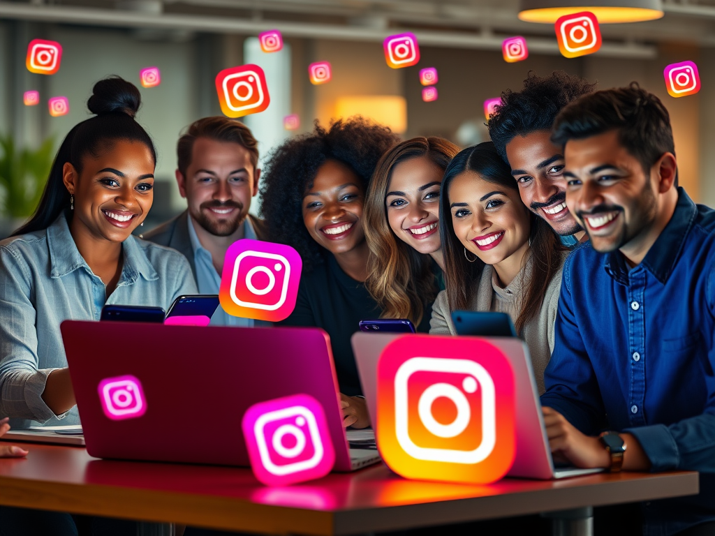 A diverse group of entrepreneurs smiling, working on laptops and smartphones, surrounded by glowing Instagram icons, vibrant colors, modern office background.