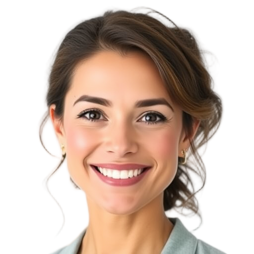 A confident woman smiling to the camera with a white background looking like