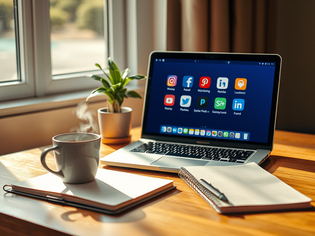 "a calm workspace" with "laptop showing social media icons" "notebook and pen" "coffee cup steaming" "soft morning light through window" "plant on desk" "creative, focused atmosphere"