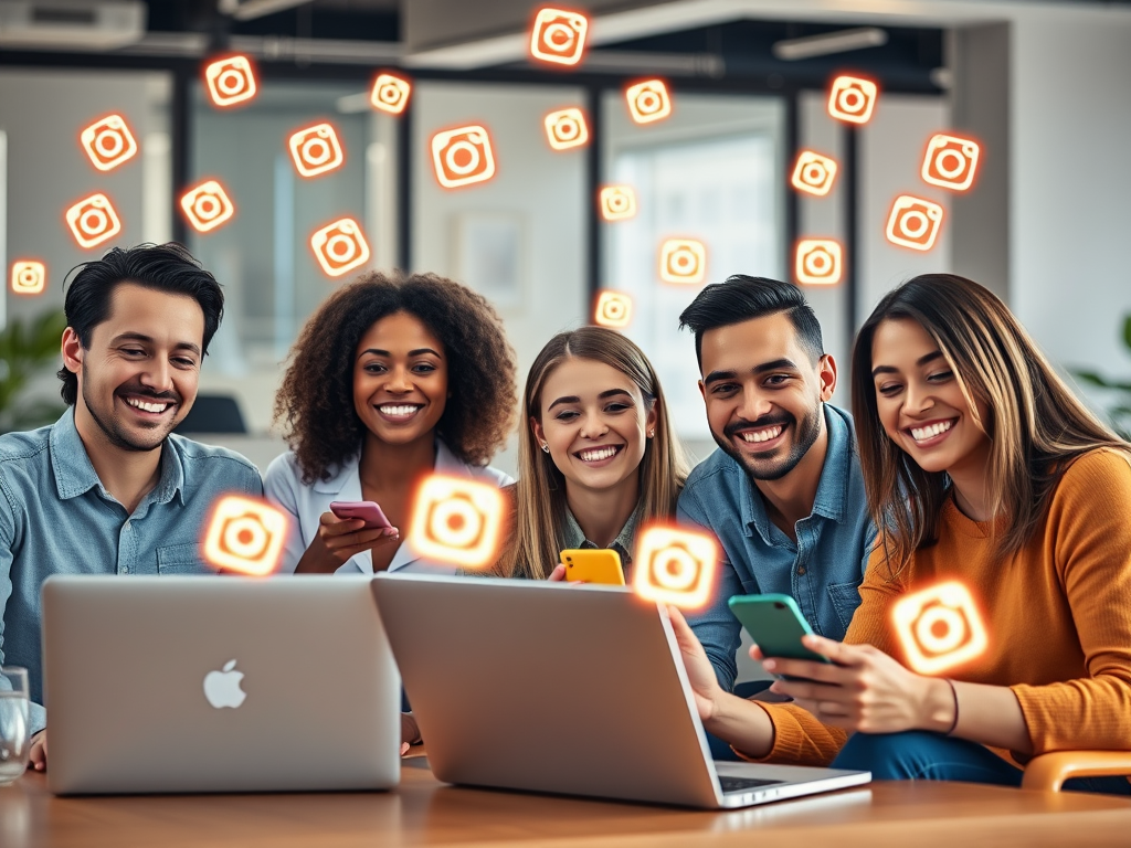 A diverse group of entrepreneurs smiling, working on laptops and smartphones, surrounded by glowing Instagram icons, vibrant colors, modern office background.