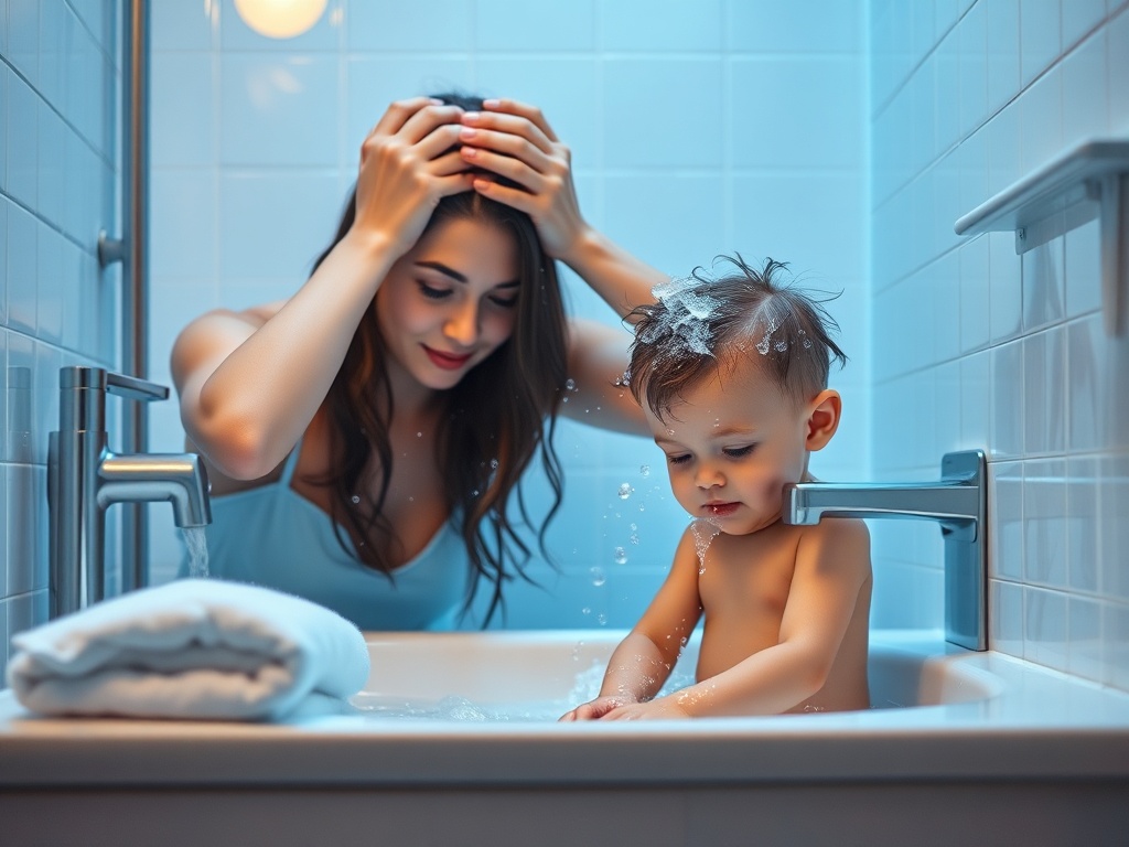 A calm bathroom scene, parent and child practicing hair washing, gentle water splash, soft towels, friendly bubbles, serene blue lighting, safe routine.