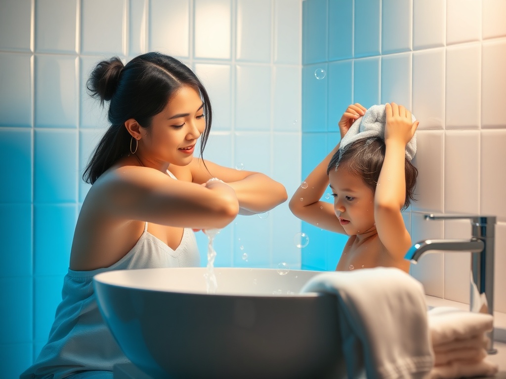 A calm bathroom scene, parent and child practicing hair washing, gentle water splash, soft towels, friendly bubbles, serene blue lighting, safe routine.