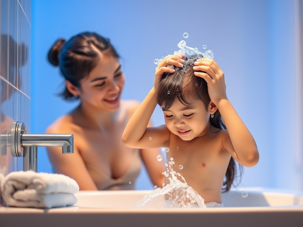 A calm bathroom scene, parent and child practicing hair washing, gentle water splash, soft towels, friendly bubbles, serene blue lighting, safe routine.