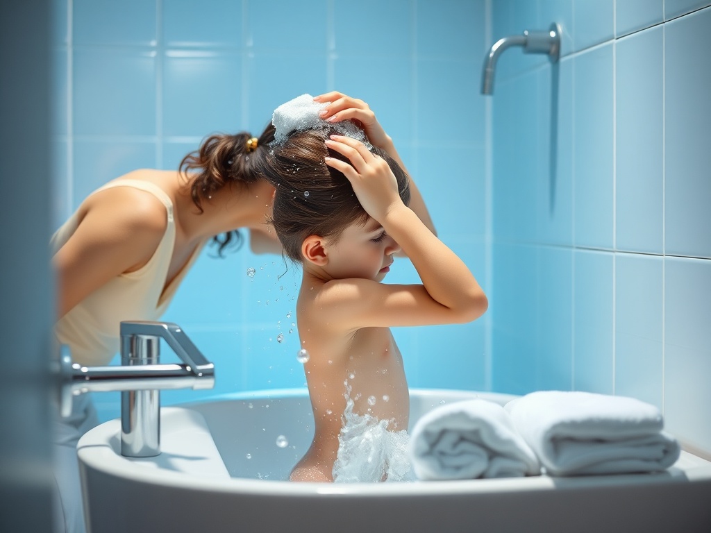 A calm bathroom scene, parent and child practicing hair washing, gentle water splash, soft towels, friendly bubbles, serene blue lighting, safe routine.