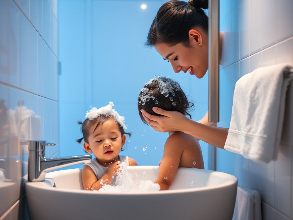 A calm bathroom scene, parent and child practicing hair washing, gentle water splash, soft towels, friendly bubbles, serene blue lighting, safe routine.