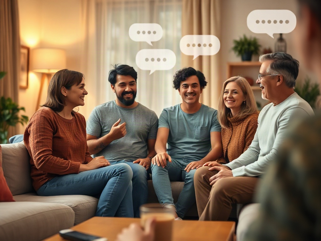 "Warm cozy living room scene, diverse parents in circle sharing calm supportive gestures, subtle glowing chat bubbles, one monthly call vibe with soft spotlight, hopeful mood, photorealistic."