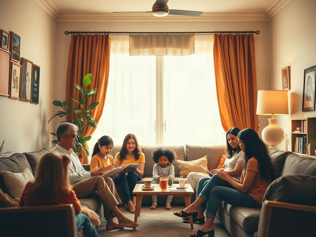 "Warm cozy living room, diverse parents in a circle sharing notes, subtle parent-child silhouettes in background, soft daylight, supportive community atmosphere, monthly call vibe, calm colors."
