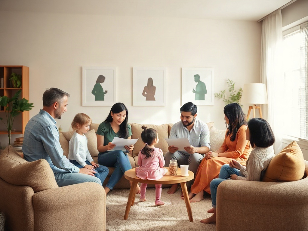 "Warm cozy living room, diverse parents in a circle sharing notes, subtle parent-child silhouettes in background, soft daylight, supportive community atmosphere, monthly call vibe, calm colors."