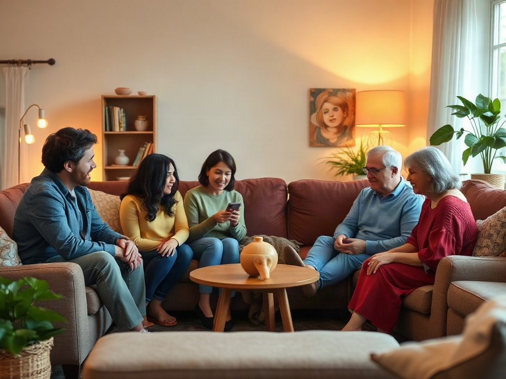 "Warm cozy living room scene, diverse parents in circle sharing calm supportive gestures, subtle glowing chat bubbles, one monthly call vibe with soft spotlight, hopeful mood, photorealistic."