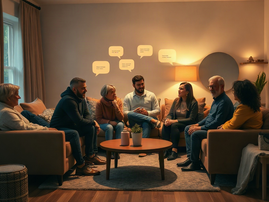 "Warm cozy living room scene, diverse parents in circle sharing calm supportive gestures, subtle glowing chat bubbles, one monthly call vibe with soft spotlight, hopeful mood, photorealistic."