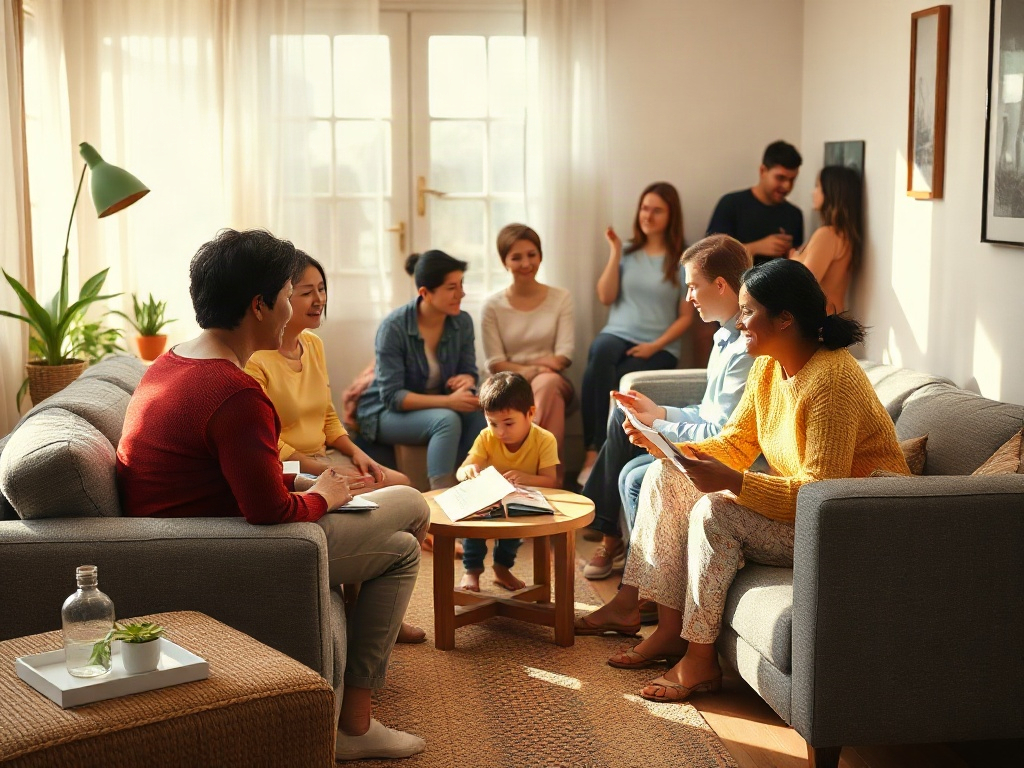 "Warm cozy living room, diverse parents in a circle sharing notes, subtle parent-child silhouettes in background, soft daylight, supportive community atmosphere, monthly call vibe, calm colors."