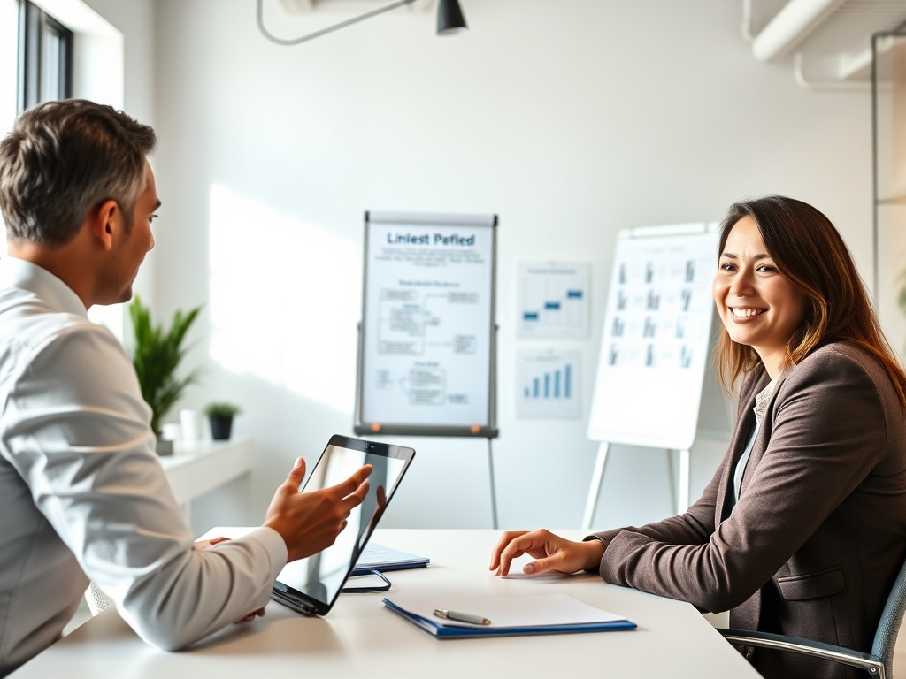 "professional coaching session" "bright modern office" "person reviewing LinkedIn profile on laptop" "whiteboard with flowchart and calendar" "confident entrepreneur smiling"