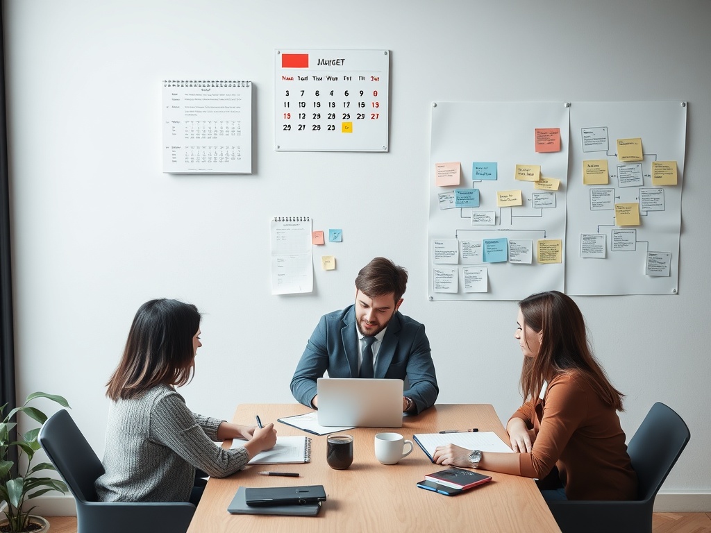 "modern workspace" "overhead laptop, notebook, coffee" "calendar with highlighted day" "flowchart sticky notes" "young professionals collaborating" "soft natural light"
