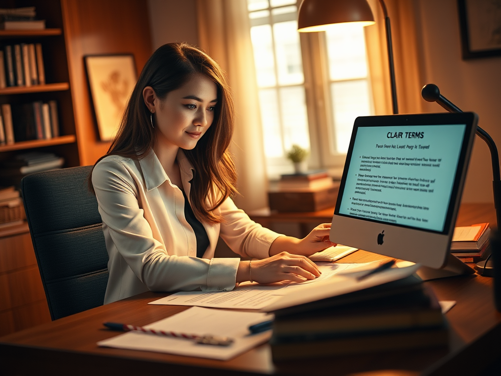 Een vrouwelijke ondernemer aan een bureau met documenten en laptop.