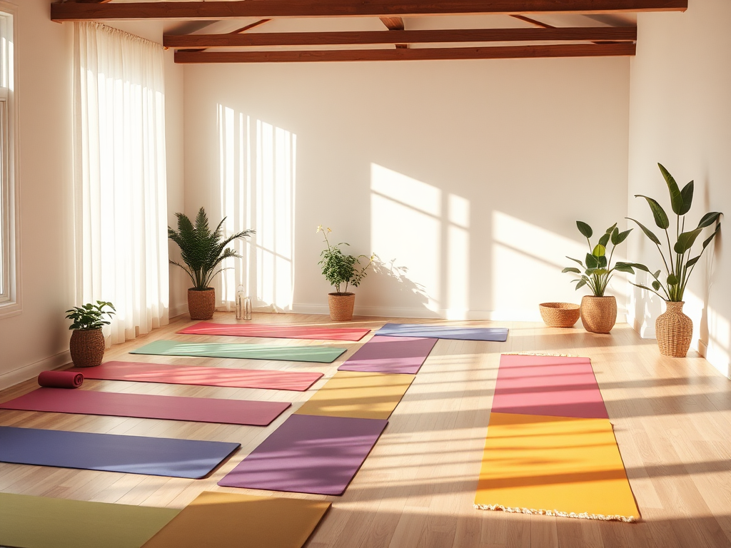 Een serene yogastudio met kleurrijke matten en planten.