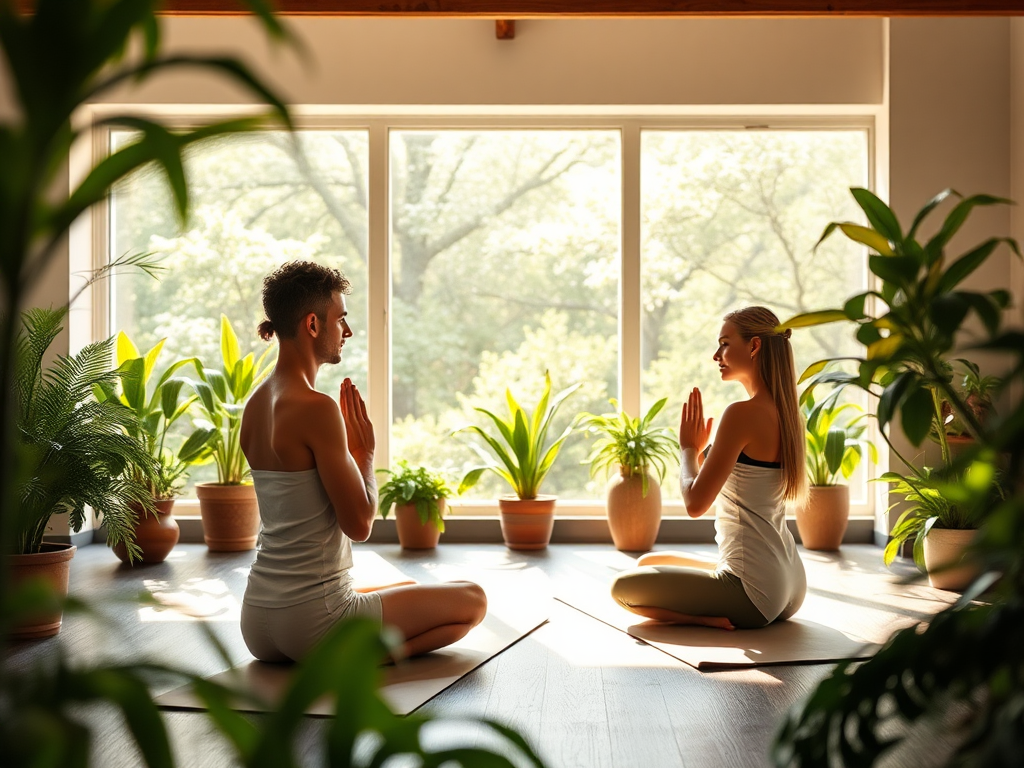 Een rustige yogastudio met koppels die ademhalingsoefeningen doen.