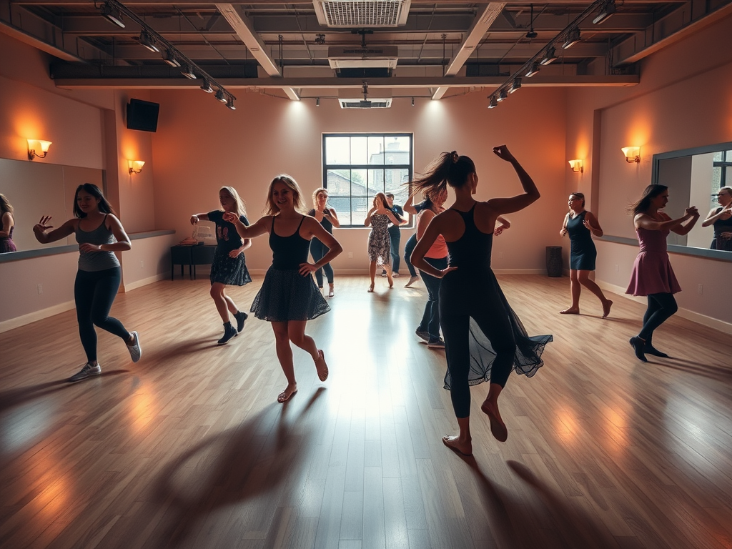 Een rustige dansstudio met deelnemers die vrij dansen.