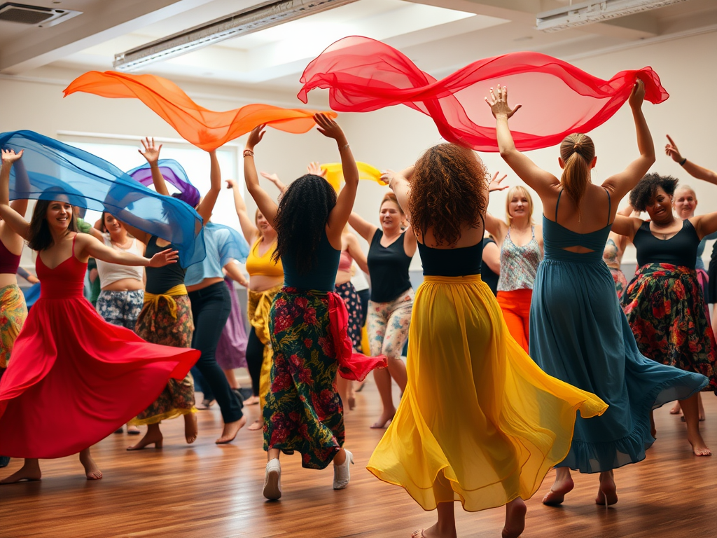 Een levendige dansworkshop met diverse deelnemers en kleurrijke stoffen.