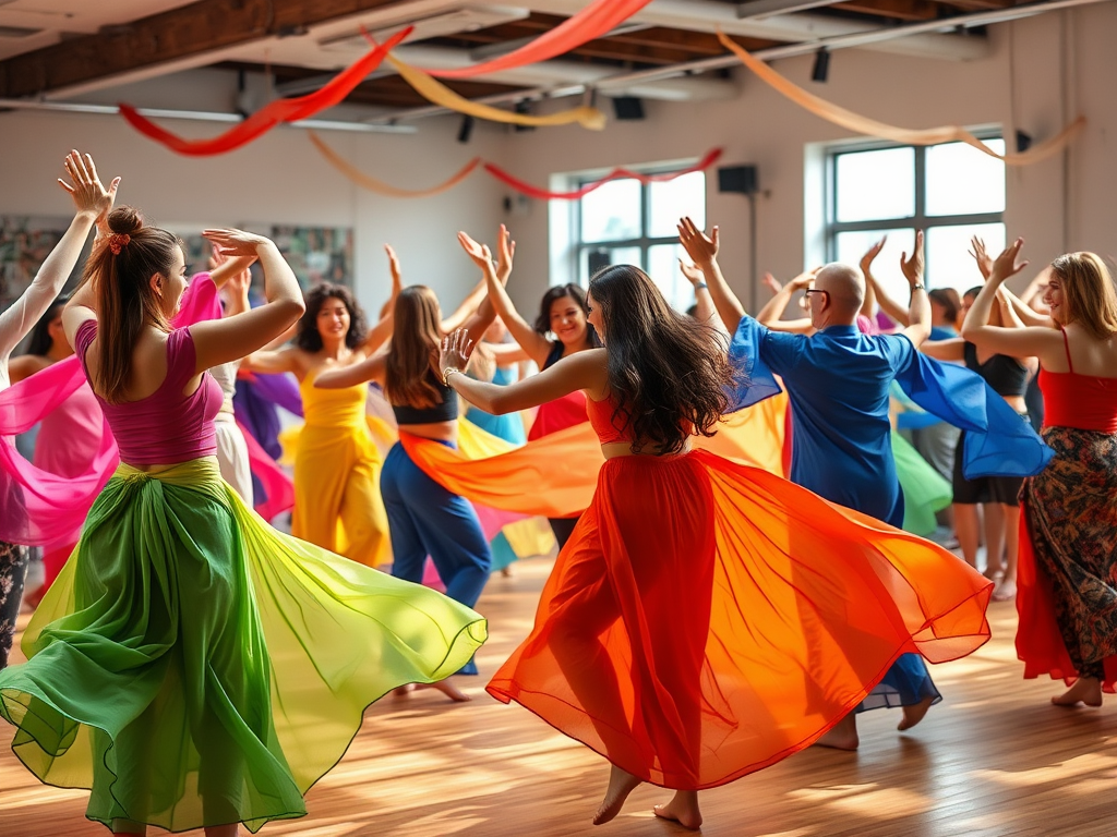 Een levendige dansworkshop met diverse deelnemers in kleurrijke kleding.