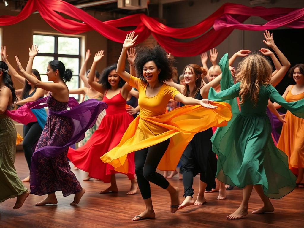 Een levendige dansworkshop met diverse deelnemers in kleurrijke kleding.