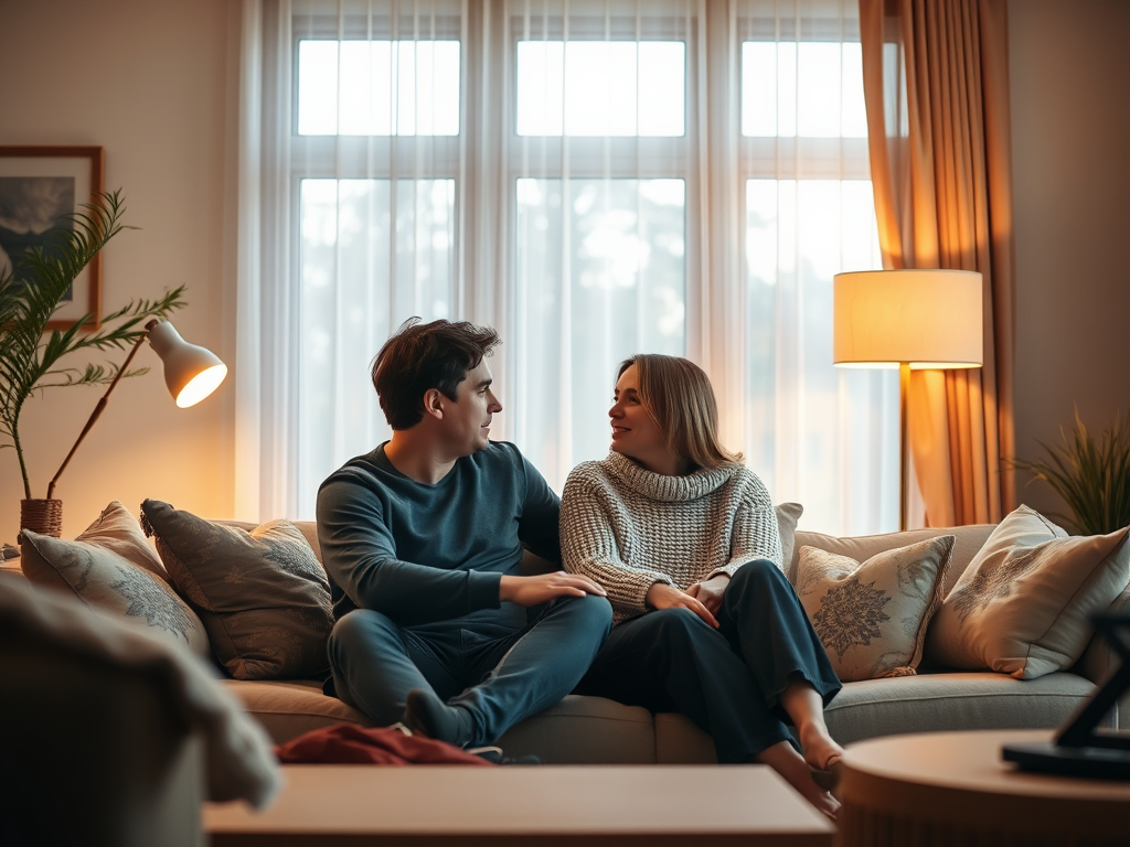 Een stel zit samen in een gezellige woonkamer.