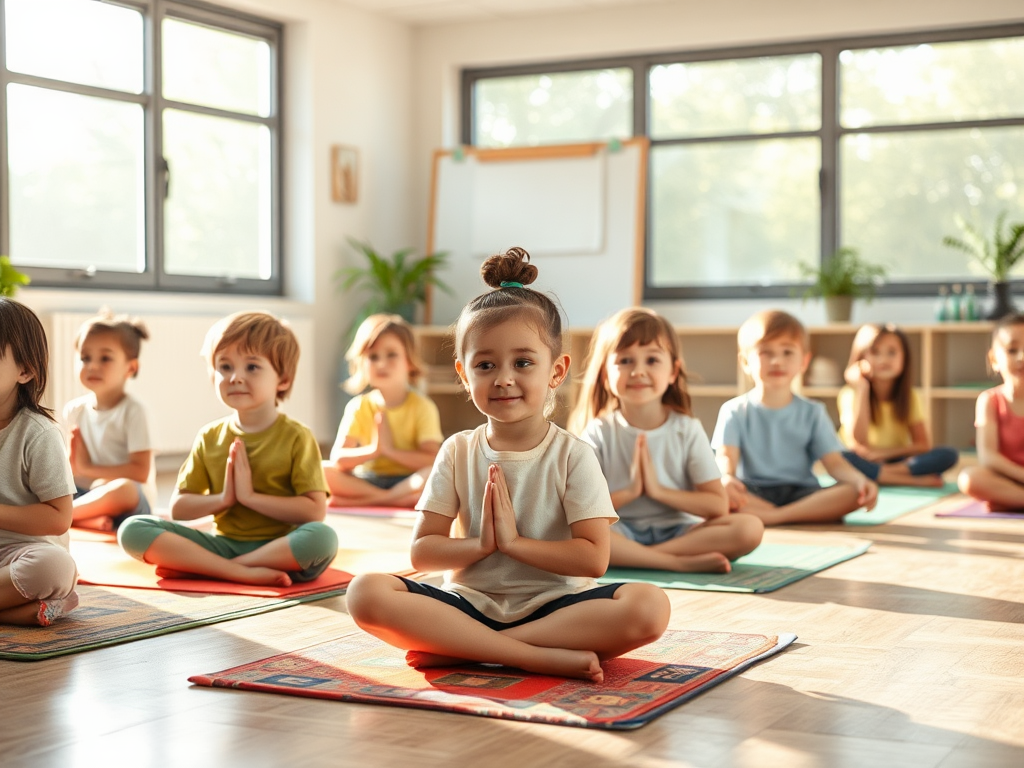Kinderen mediteren in een lichte, rustige klasruimte.