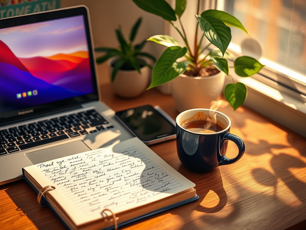 A vibrant workspace featuring "a laptop with glowing screen," "open notebook with handwritten notes," "coffee cup steaming," and a "plant casting soft shadows" in warm morning light.