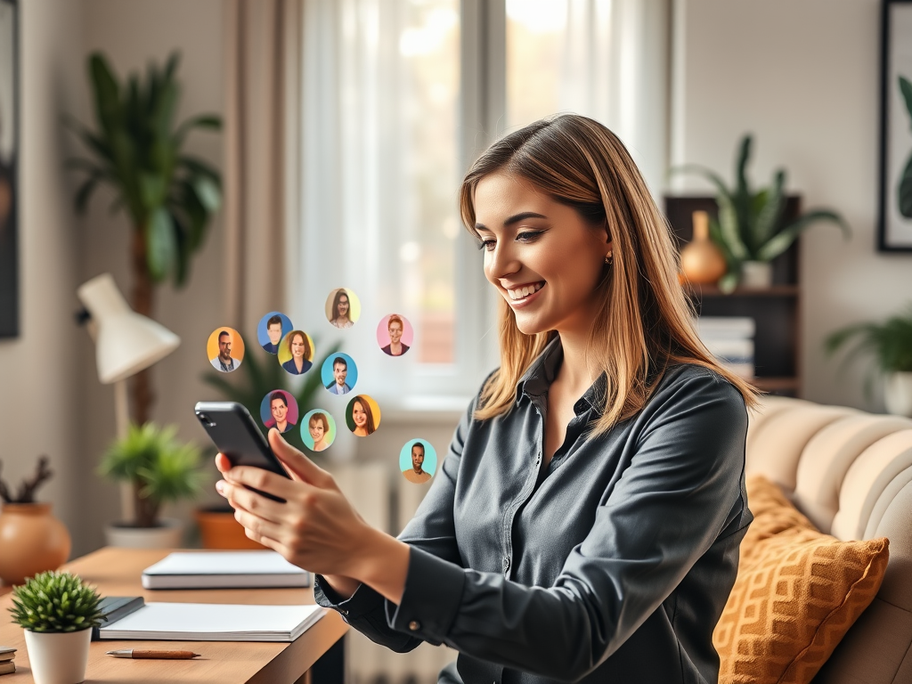 "a confident professional woman" "engaging warmly with a diverse group via smartphone" "cozy modern home office" "soft natural lighting" "symbols of social media platforms subtly glowing" "calm, inspiring atmosphere" "elements suggesting growth and connec