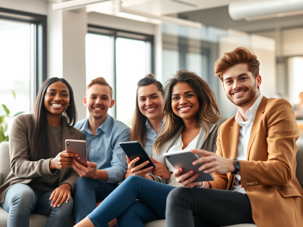 "diverse happy professionals" "relaxed casual setting" "modern digital devices" "warm natural lighting" "subtle business environment" "friendly engaging expressions"