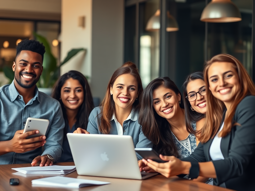 "diverse happy professionals" "relaxed casual setting" "modern digital devices" "warm natural lighting" "subtle business environment" "friendly engaging expressions"