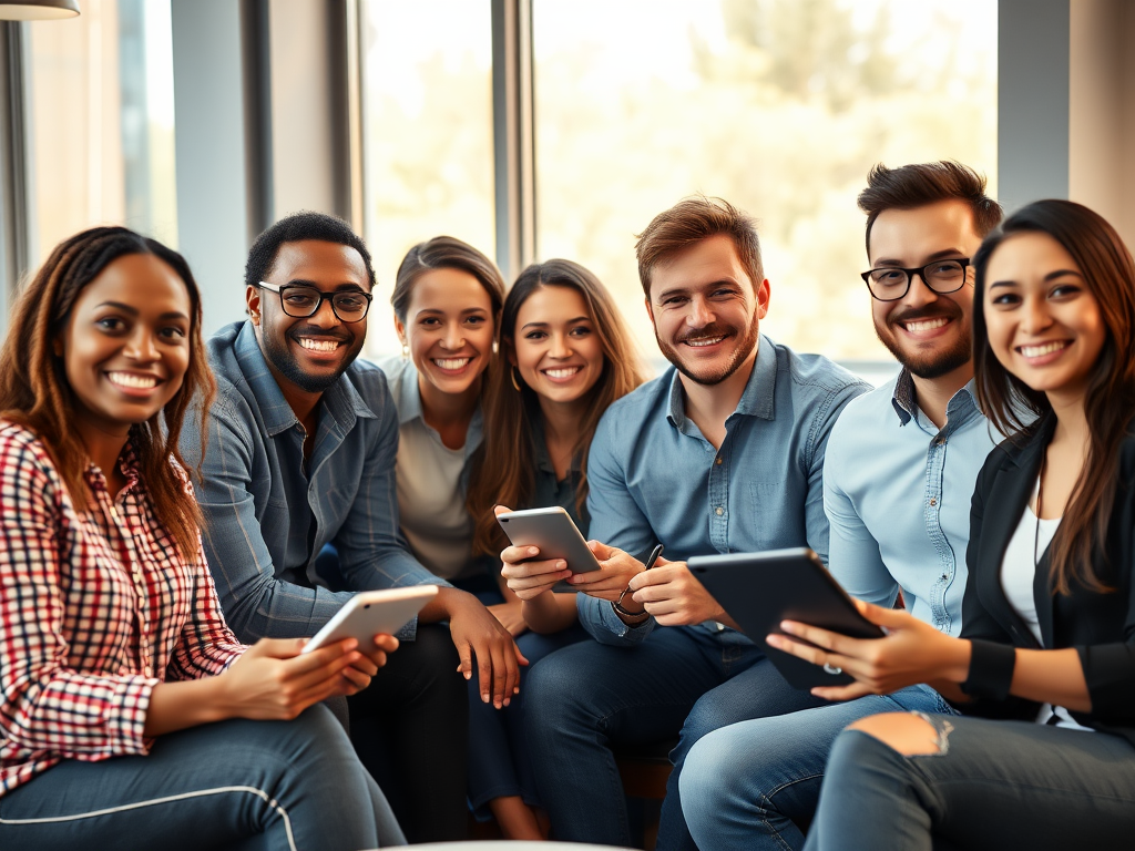 "diverse happy professionals" "relaxed casual setting" "modern digital devices" "warm natural lighting" "subtle business environment" "friendly engaging expressions"