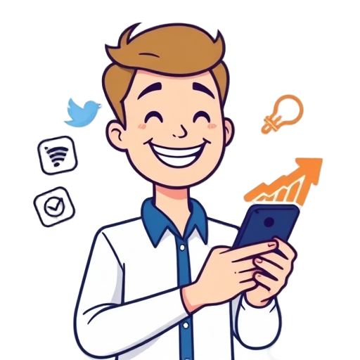 "smiling person" "holding phone" "social media icons" "growth arrow" "light bulb" "checkmark"