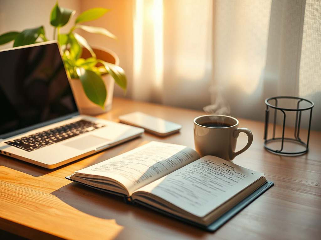 A vibrant workspace featuring "a laptop with glowing screen," "open notebook with handwritten notes," "coffee cup steaming," and a "plant casting soft shadows" in warm morning light.