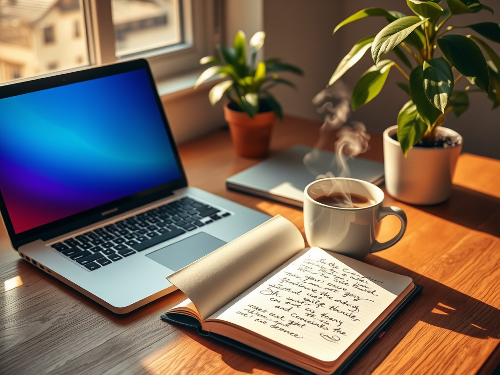 A vibrant workspace featuring "a laptop with glowing screen," "open notebook with handwritten notes," "coffee cup steaming," and a "plant casting soft shadows" in warm morning light.