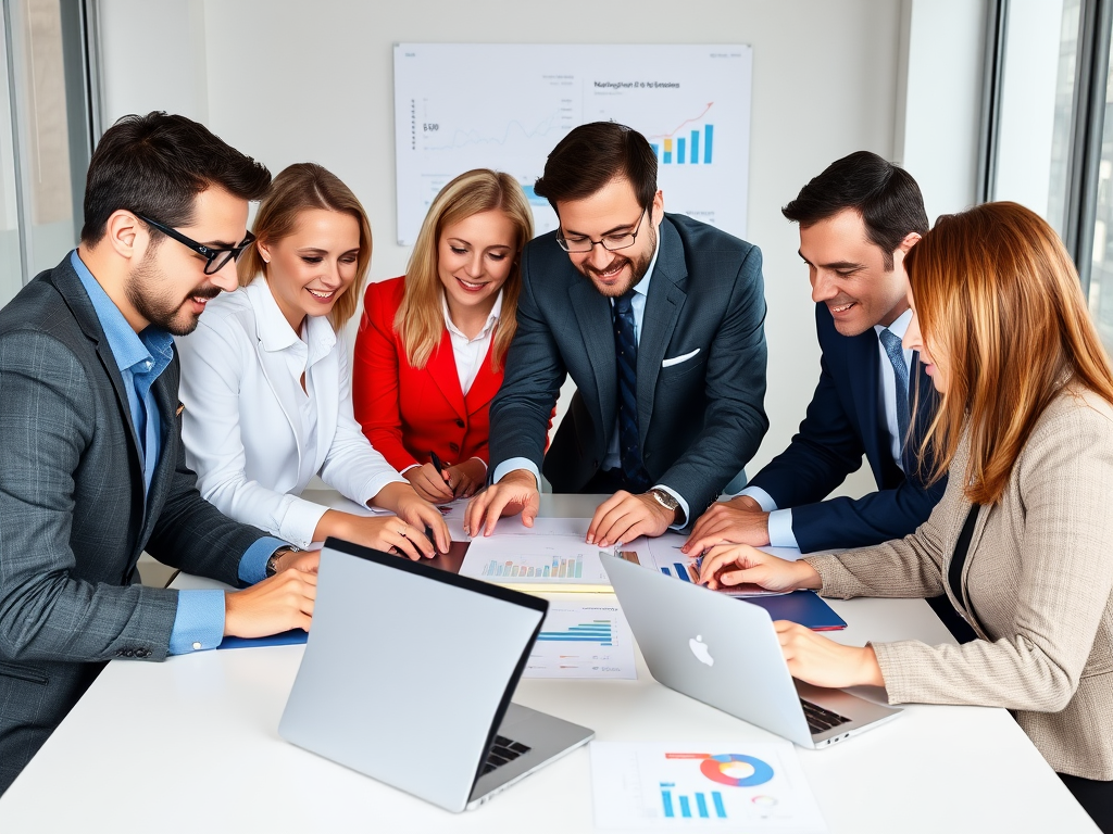 Een diverse groep zakenmensen bespreekt groei en efficiëntie.