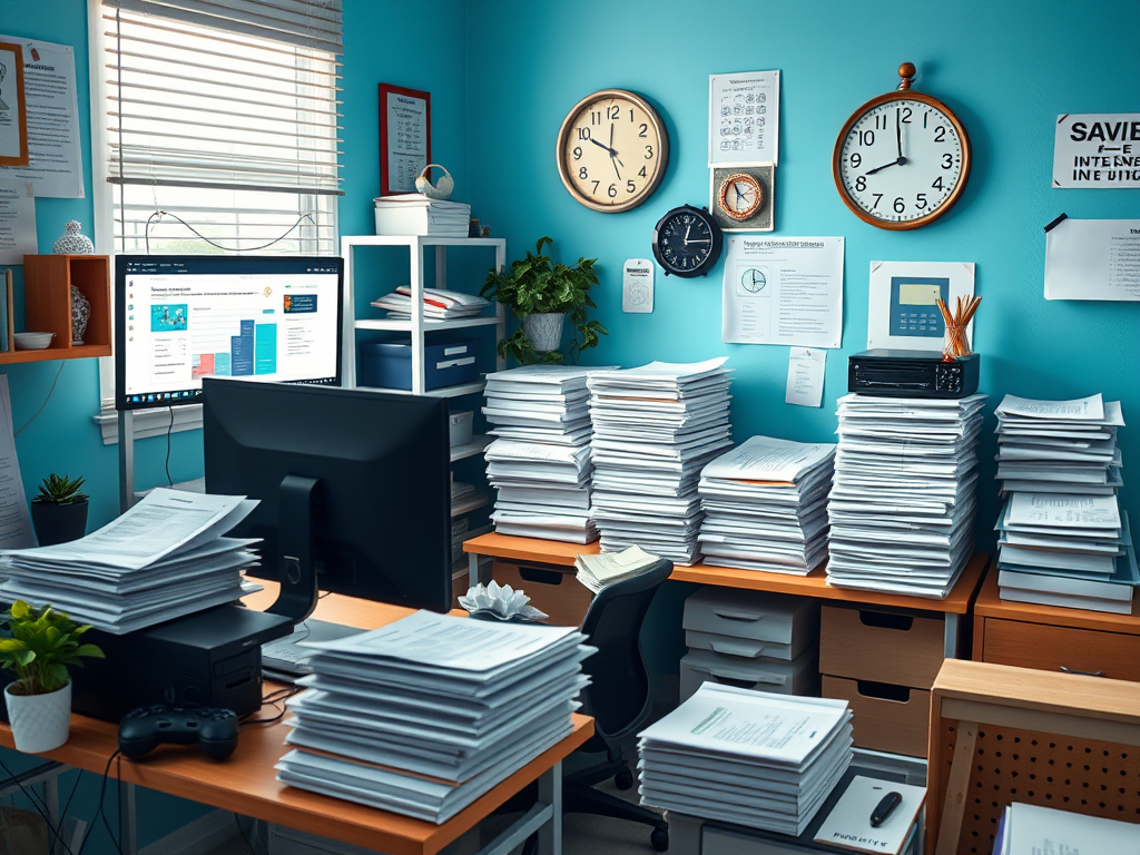 Drukke kleine kantoor met een computer en stapels facturen.