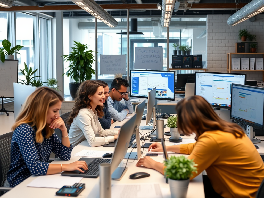 Drukke kantoorscene met samenwerkende medewerkers.