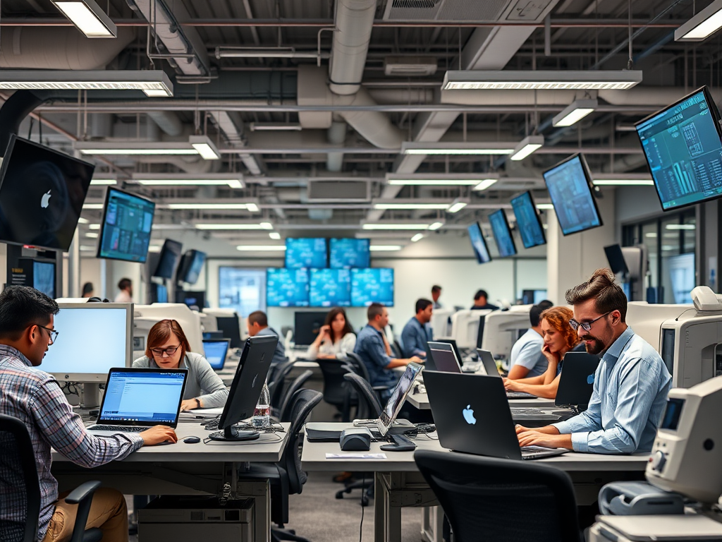 Drukke kantoorruimte met diverse werknemers aan laptops.