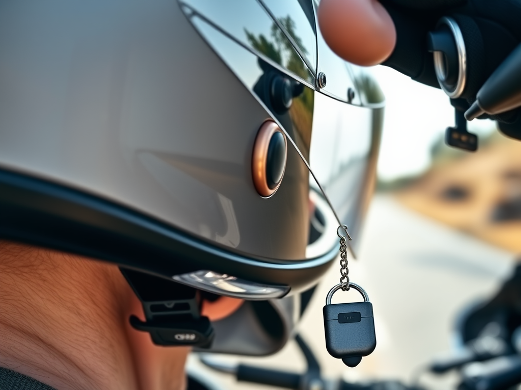 "Close-up of a motorcyclist wearing sleek ergonomic earplugs" "motorcycle helmet visor reflecting open road" "keychain with compact eco-friendly earplug case" "natural outdoor background" "soft sunlight highlighting textures"