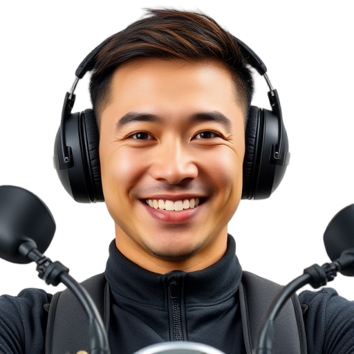 A smiling motorcyclist wearing sleek ear protection, "clear skin," "short hair," "neutral white background," "bright eyes," "casual clothing," "confident expression."