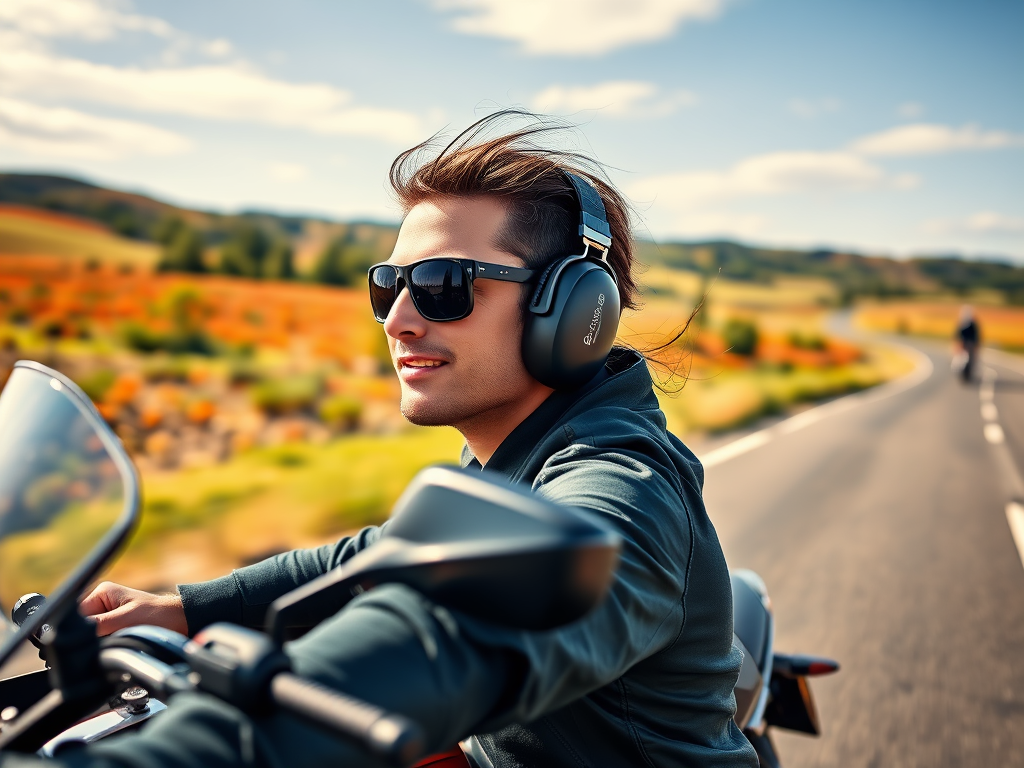 A motorcyclist wearing sleek, comfortable ear protection, riding through a vibrant countryside with wind gently flowing, clear sky, and a peaceful road.