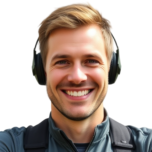 A smiling biker wearing subtle ear protection, "clear white background," "relaxed confident expression," "short hair," "natural lighting," "no logos or branding."