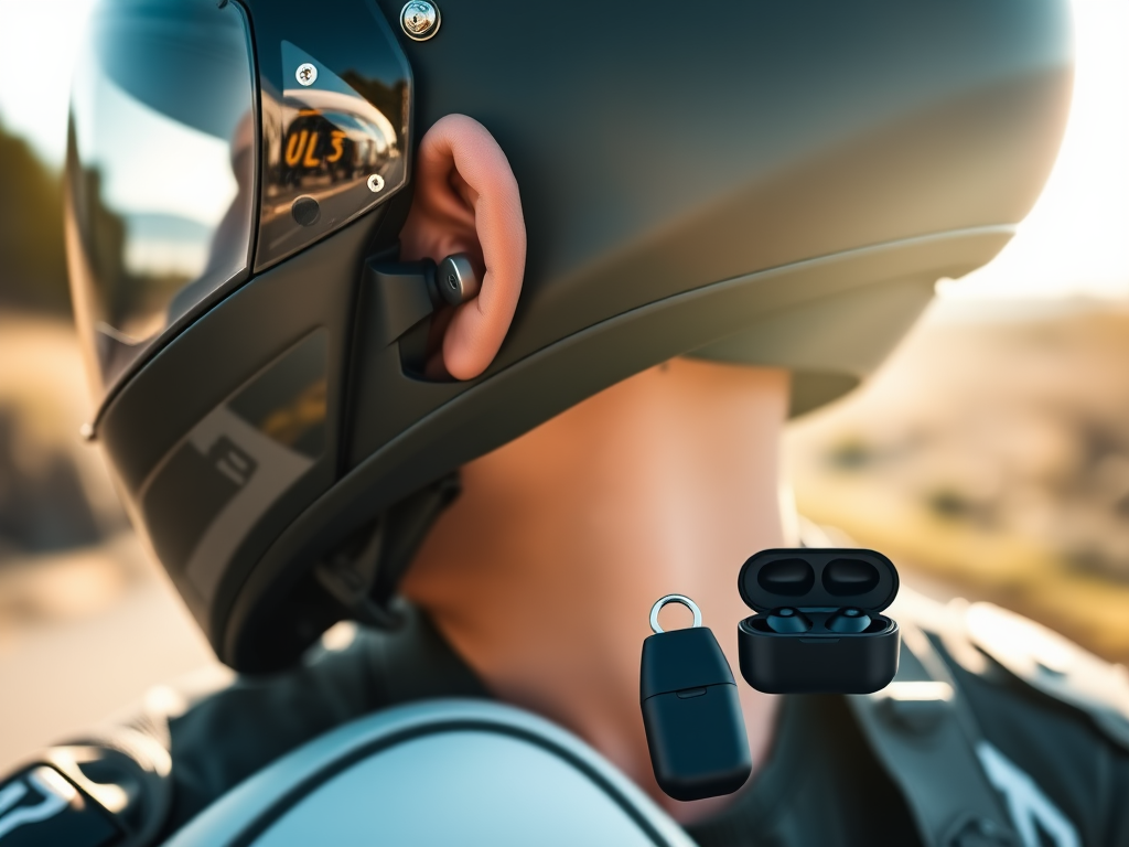 "Close-up of a motorcyclist wearing sleek ergonomic earplugs" "motorcycle helmet visor reflecting open road" "keychain with compact eco-friendly earplug case" "natural outdoor background" "soft sunlight highlighting textures"