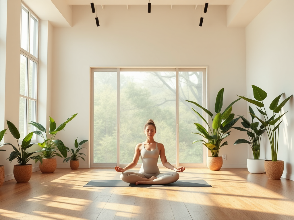 Een serene yogastudio met een mediterende figuur op een mat.
