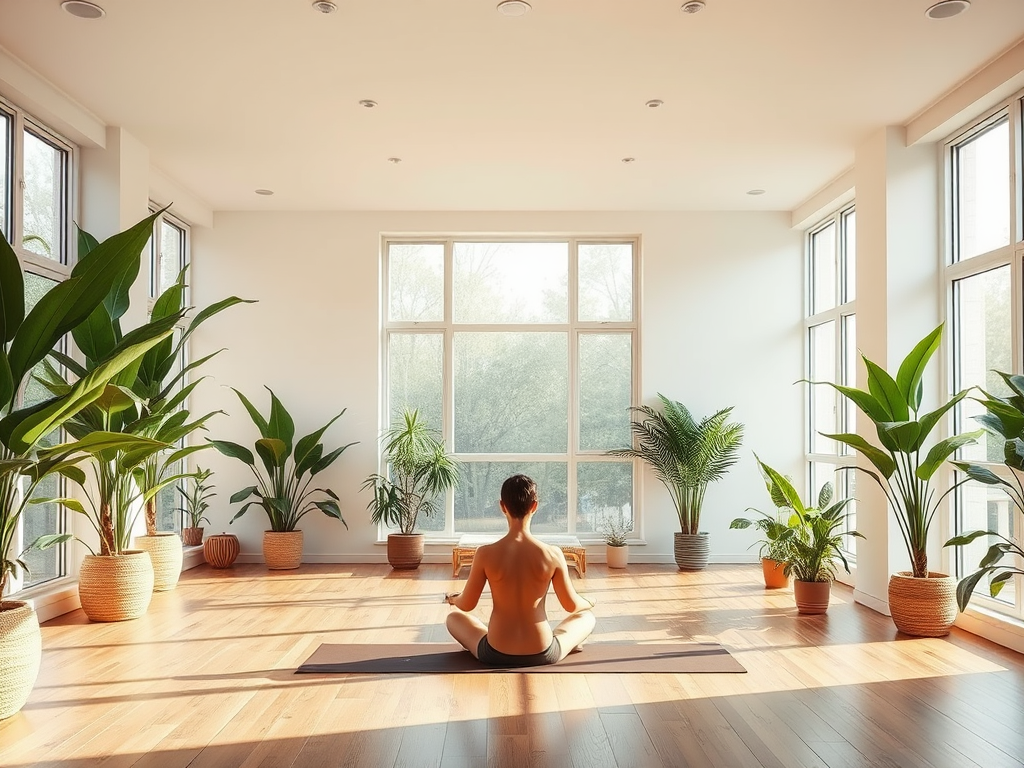 Een rustige yogastudio met een mediterende figuur en planten.