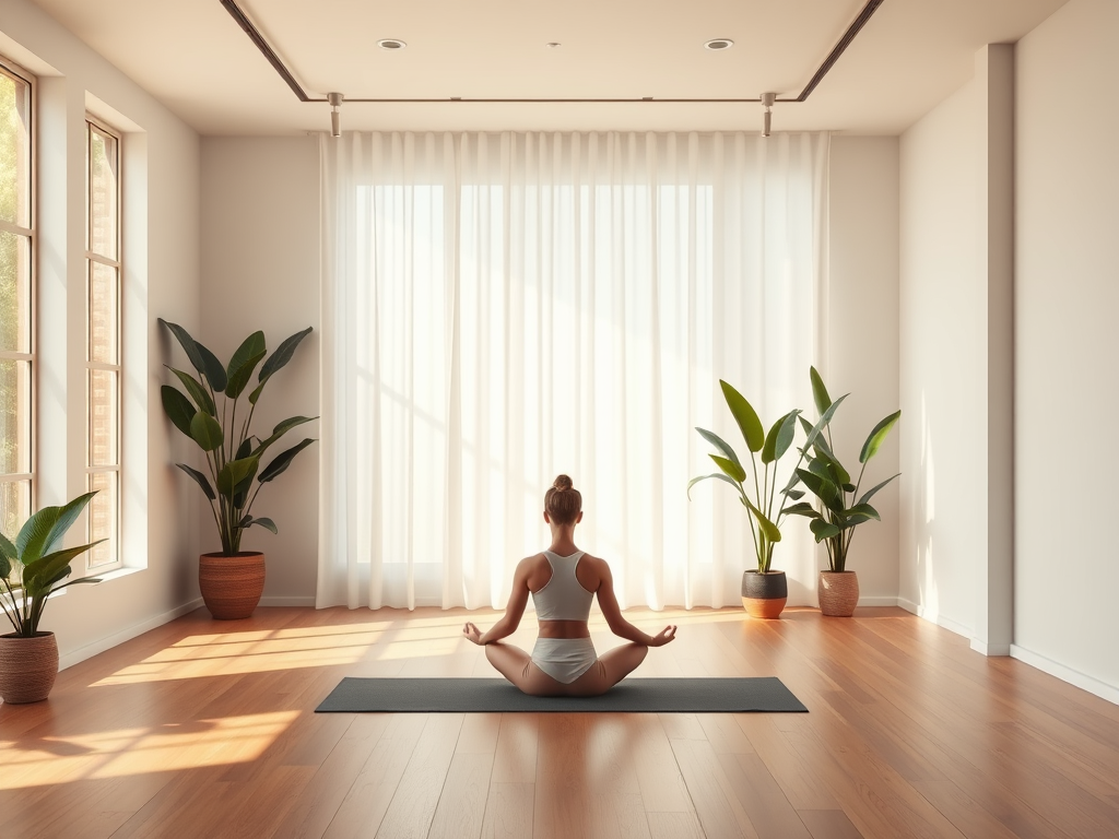 Een rustige yogastudio met een mediterende figuur op een mat.