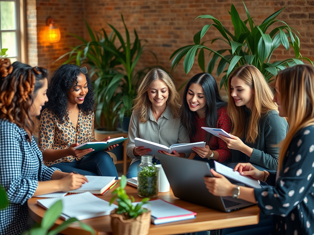 Een diverse groep vrouwen in een levendige workshop.