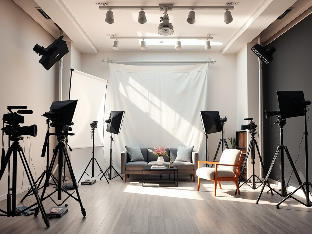 Een modern fotostudio-interieur met natuurlijk licht en camera's.